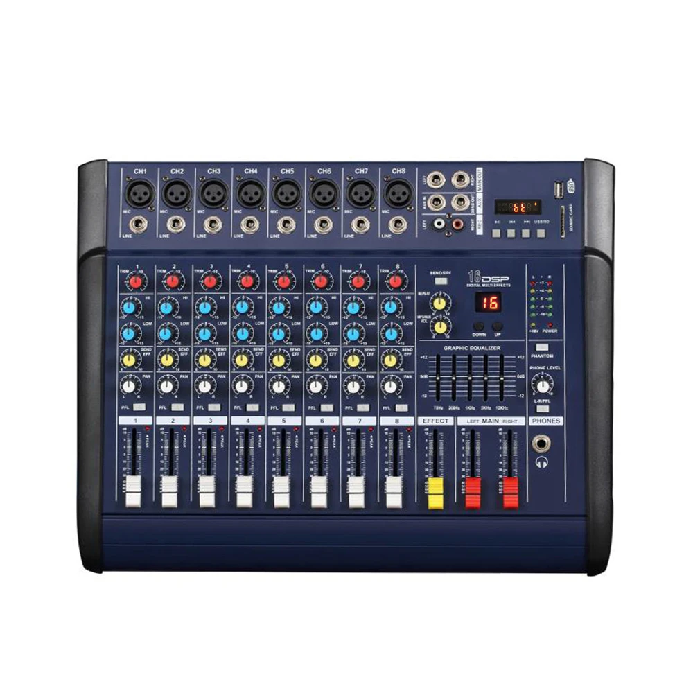 8 Channel Digital Audio Mixer Console Karaoke Microphone Sound Mixing Amplifier Built-in 48V Phantom Power With USB Switch