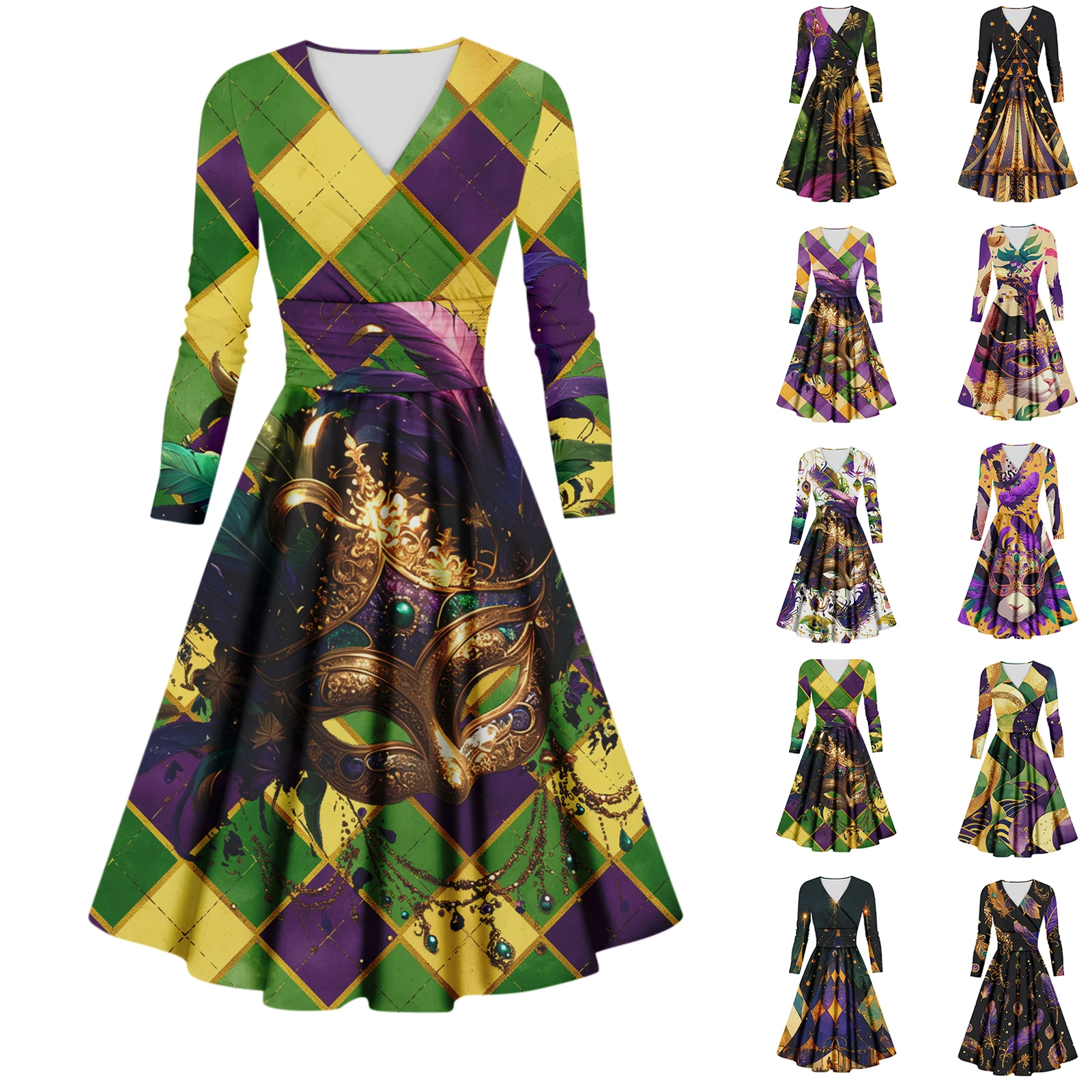 ชุดเดรสแม็กซี่พิมพ์ลายคาร์นิวัลชุดเดรสแฟชั่นลำลองของผู้หญิงแขนยาวคอวีชุดเดรสกระเป๋าเซ็กซี่สำหรับฤดูใบไม้ผลิและฤดูใบไม้ร่วงสวมใส่ทุกวัน