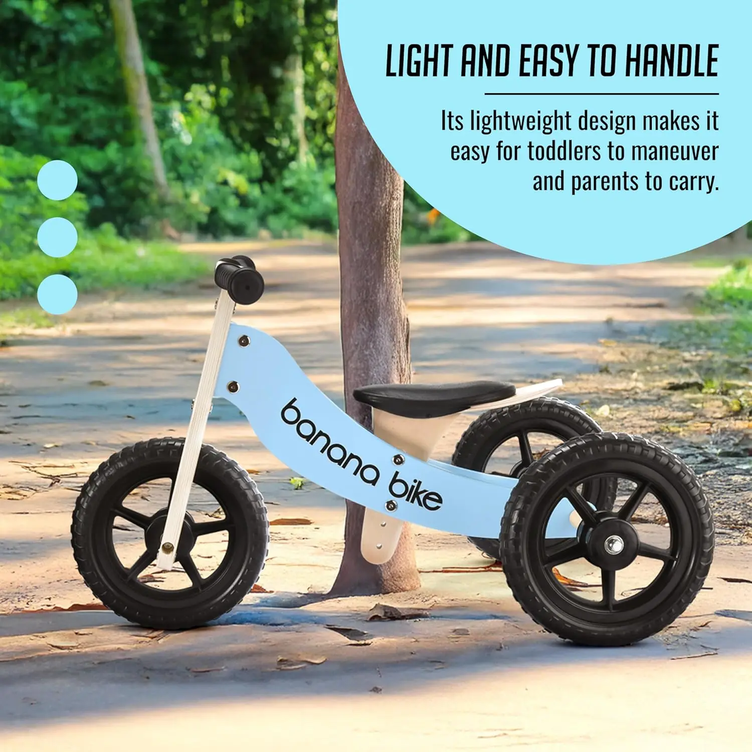 Rowerek biegowy drewniany dla malucha - Bez pedałów - Trójkołowy - Opony odporne na przebicia - Ergonomiczny i wytrzymały - Gładkie uchwyty - Poprawia