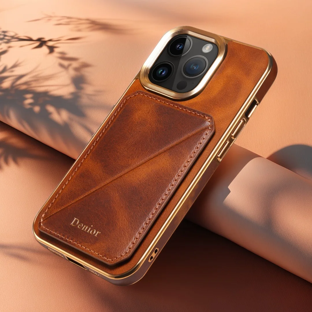 

Luxury Genuine Leather Wallet Phone Case For iPhone 16 15 14 13 12 Pro Max, Card Holder Kickstand Electroplated Shockproof Cover