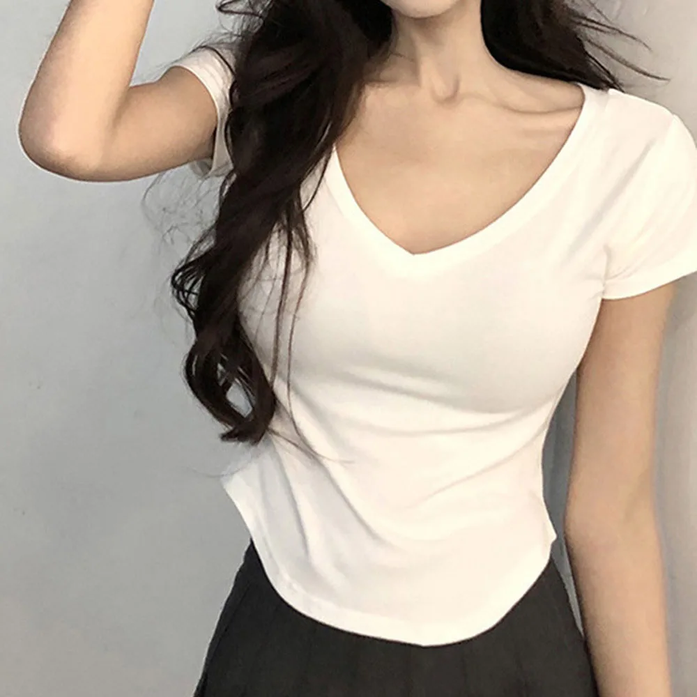 Sexy V-neck Short Sleeve T-shirts for Women Summer New Tees Top Black White Basic Tshirt Y2K Korean Style Women's Clothes 2024