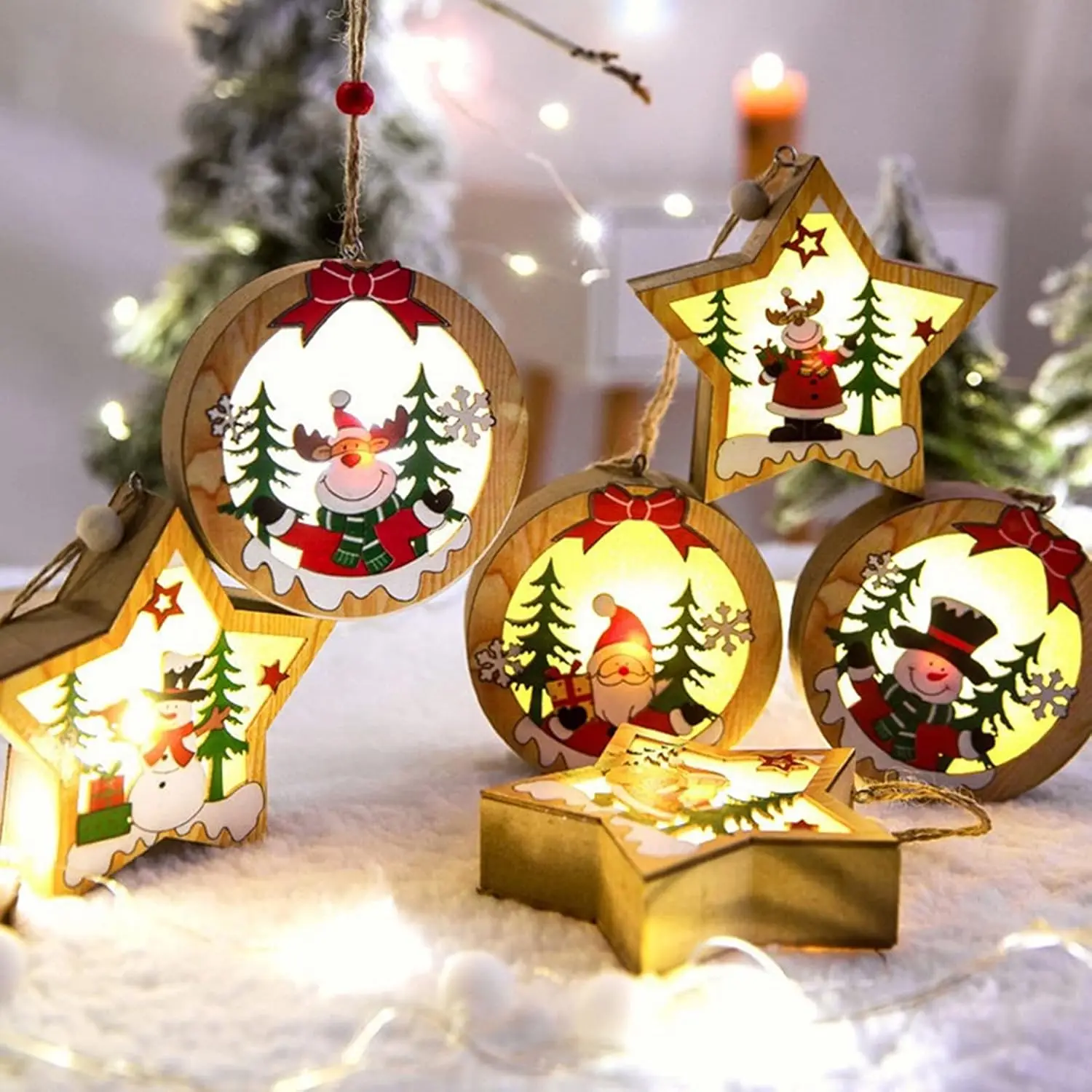 Wooden Christmas Tree Ornament LED Night Light Santa Snowman Reindeer Hanging Pendant Winter Holiday Home Window Decoration