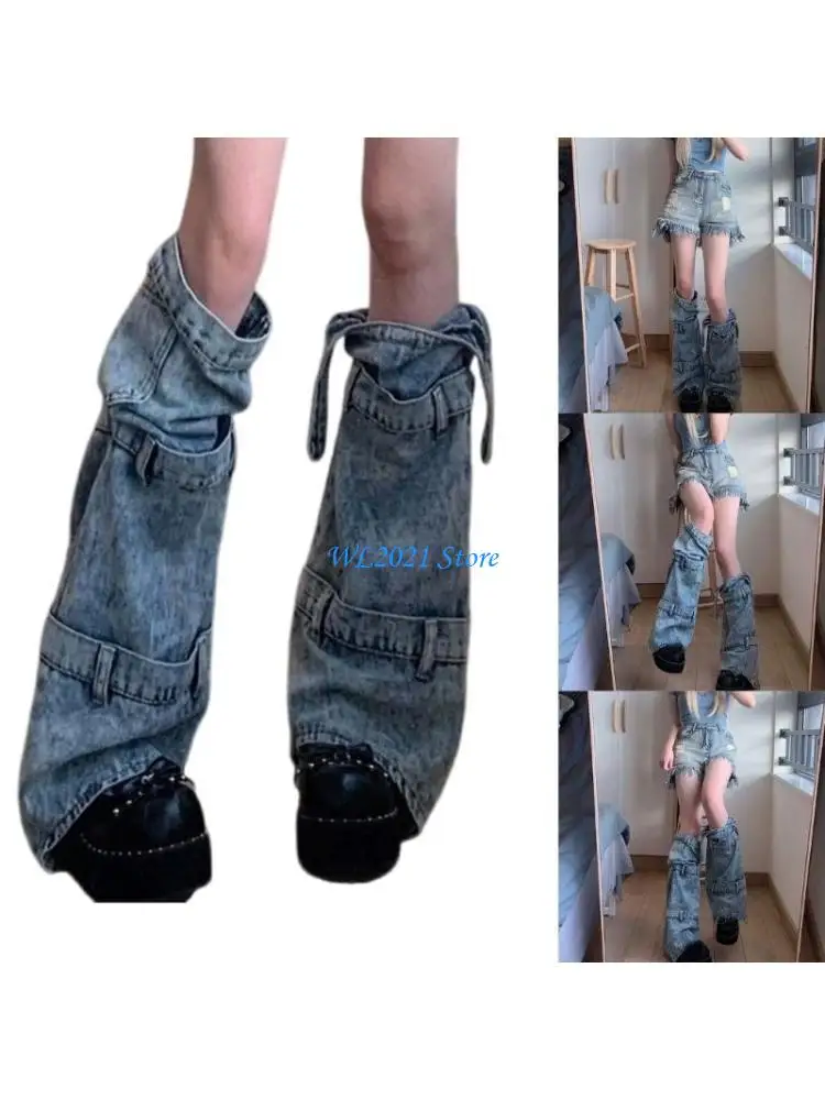 

G5GC Асимметричные джинсы рукава с повязками для женщин для женщин для женщин хараджуку помыл джинсовые ножки теплые носки