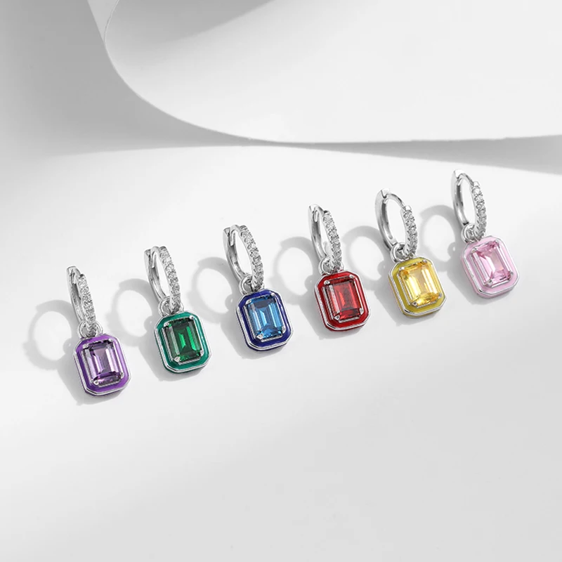 925 Sterling Silver Rainbow Colorful Enamel Hoop Earrings for Women Luxury Charm Square Geometric Zirconia Ear Buckles  Jewelry