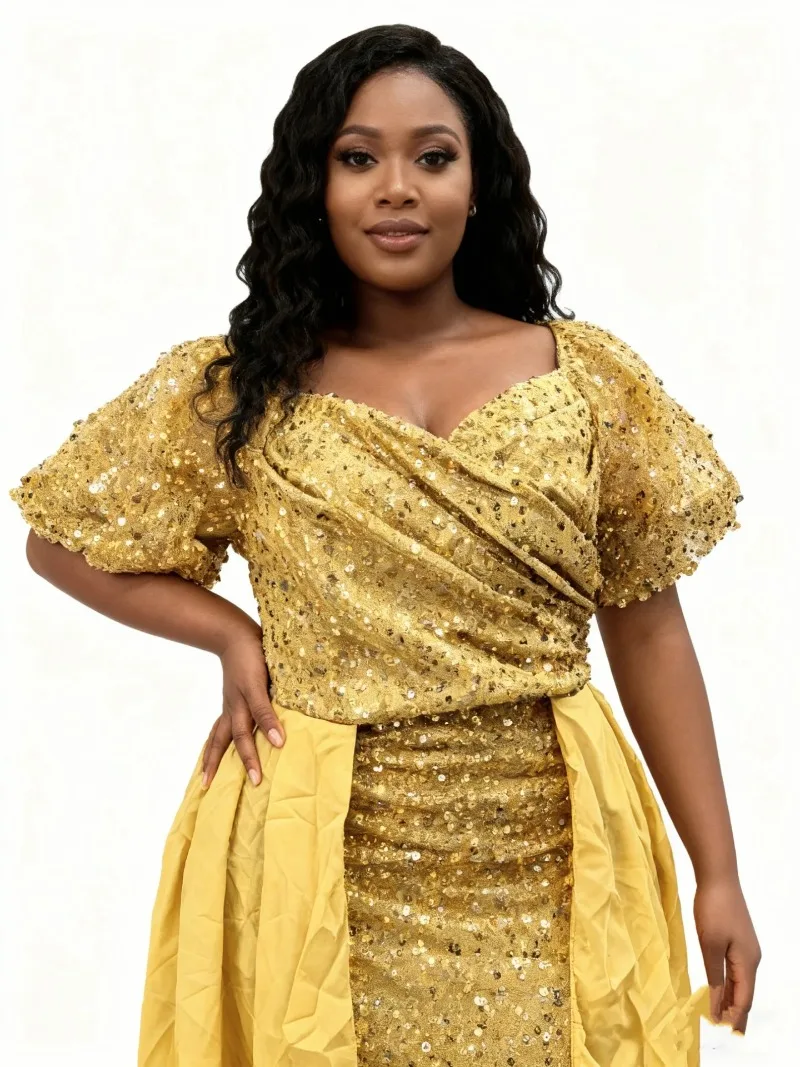 

Африканские платья больших размеров с блестками для женщин, осенние элегантные африканские платья из полиэстера с короткими рукавами, длинные вечерние вечерние платья макси