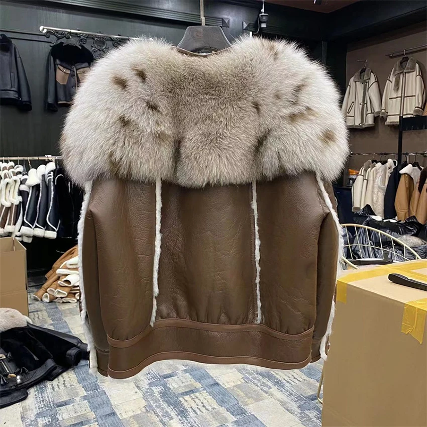 2023 Real Natural Merino Sheep Fur Genuine Leather Jacket Real Fox Fur Collar Winter Women Coat Thick Warm Luxury Female Coats