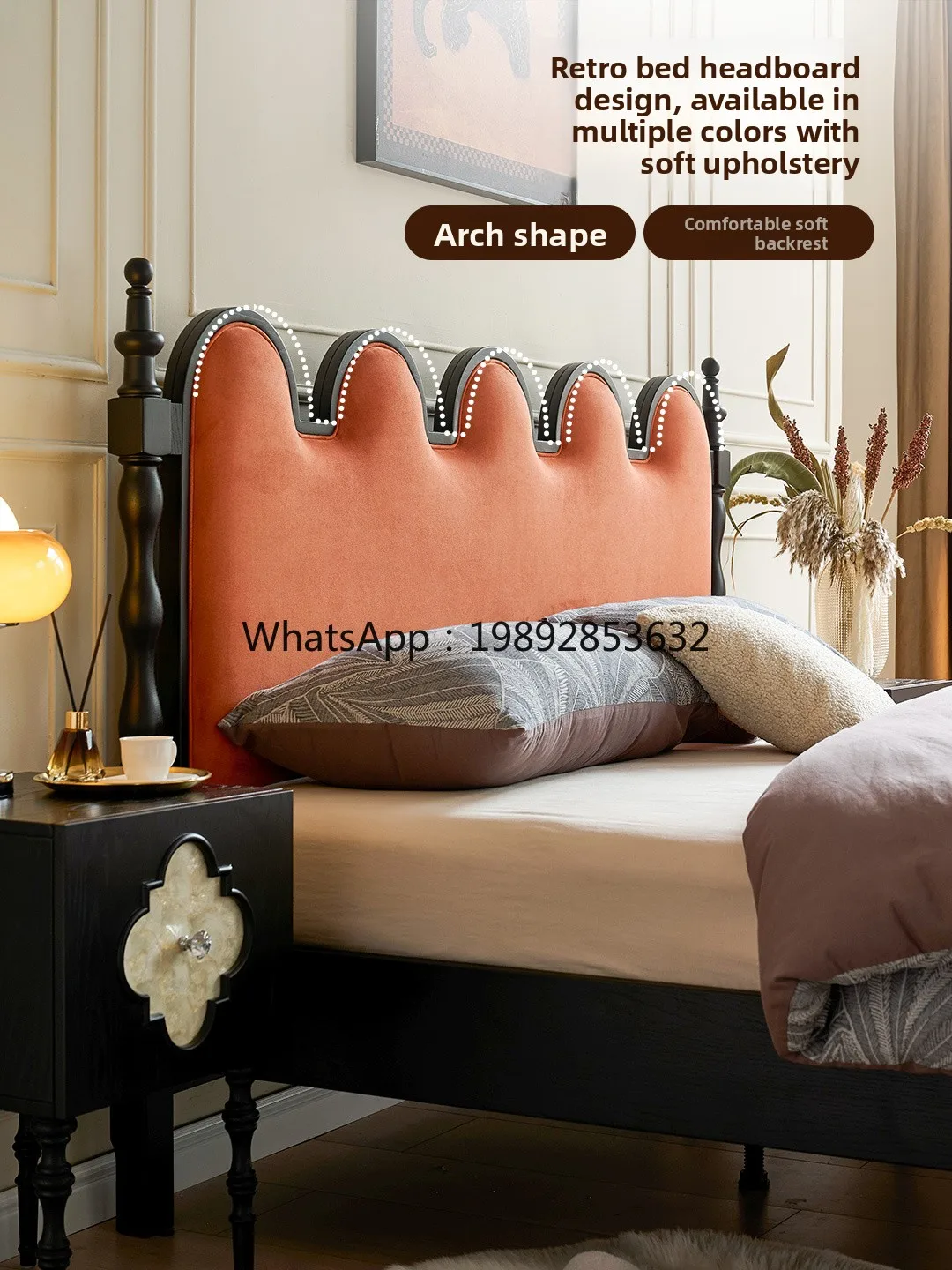 

LYY Vintage Style Solid Wood French Retro Ripple Bed White Ash Wood Master Bedroom Double Bed 1.8m