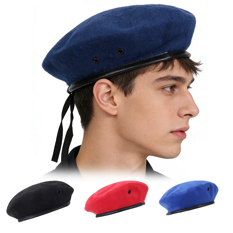 Unisex Solid Color Beret Men Women Painters Hat Autumn Winter Warm Berets Flat Uniform Caps Adjustable Ribbon Eyelet Soldier Hat
