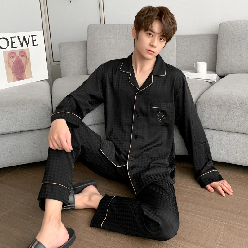 Houndstooth Men Shirt Pants Pajamas Suit Sleep Wear Nightwear Ice Silk Home Clothes Loose Loungewear Lapel Homewear Sleepwear