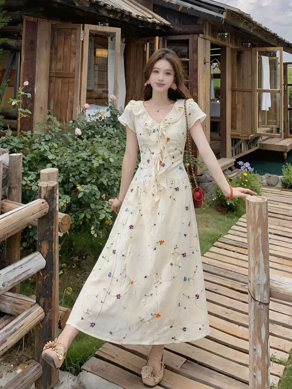

plus Size Floral Print Dress with Belt Gored Hemline Korean Style Slim Fit High Waist Summer New Arrival Beautiful Women's Dress