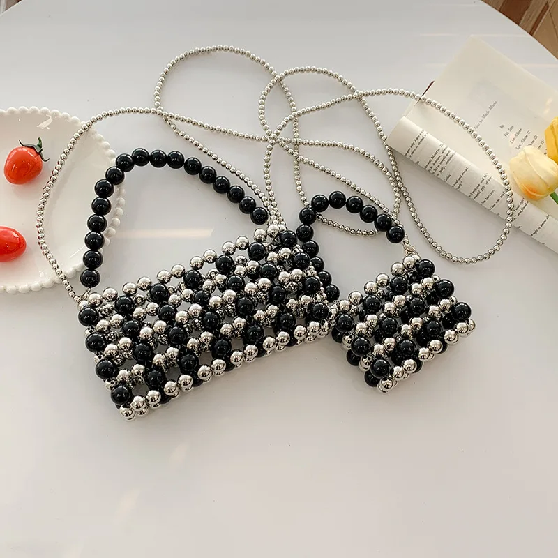 Metal Style Beaded Woven Tote Crossbody Bags for Women Wallet Handbag Luxury Ladies Phone Shoulder Clutch Bag