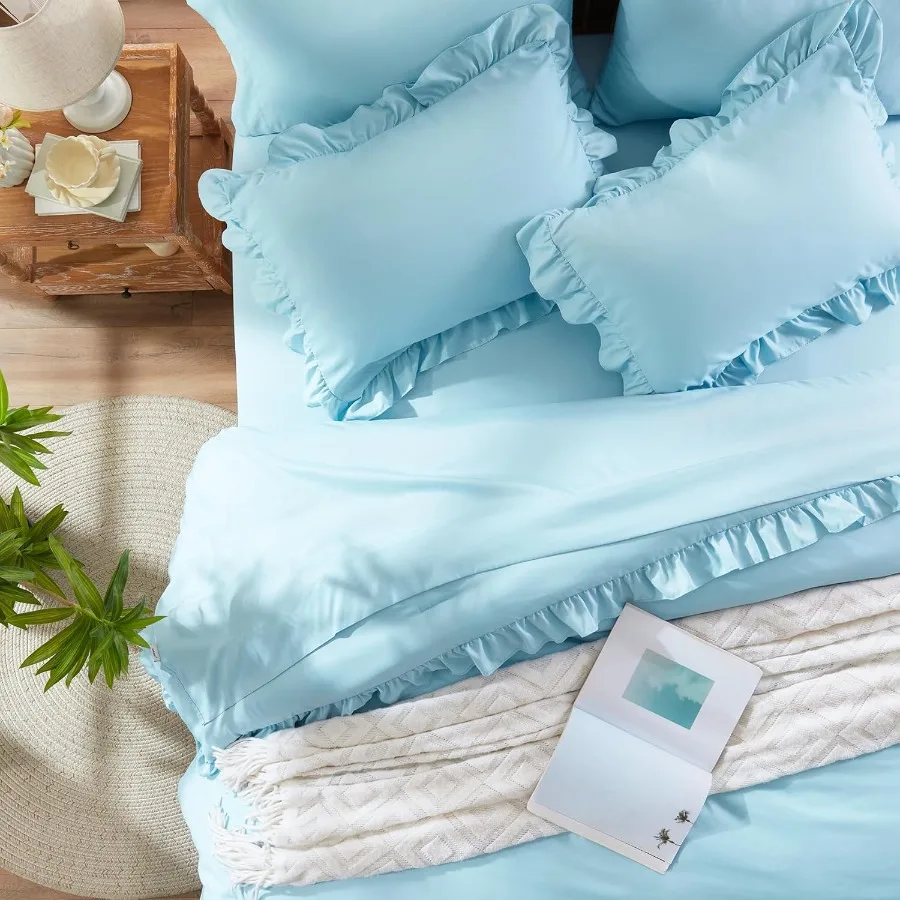 

Кровать Queen в сумке, 7-компонентный синий комплект постельного белья с рюшами в стиле шебби-шик, всесезонный комплект постельного белья с пододеяльником, подушка Шамс, наволочки, плоская простыня Fi