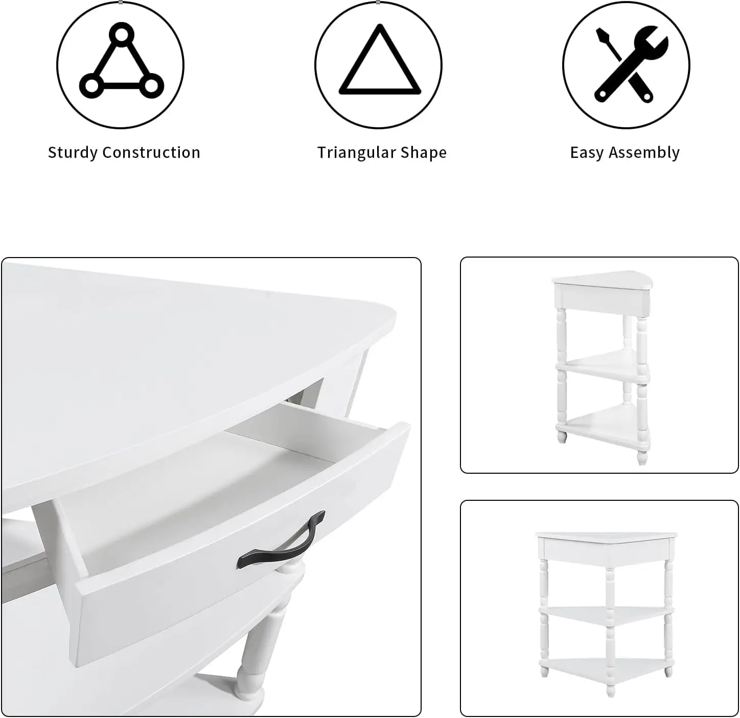 Small Corner Table Drawer, Wood 3 Tier Triangle Shelf Stand, 2 Open Shelves, Farmhouse Cabinet Organizer, Customized