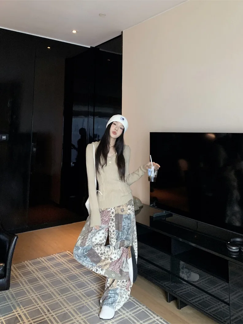 

Модный вязаный комплект с длинным рукавом для женщин: однотонные джинсы с высокой талией и эффектом похудения, повседневный стиль, осенняя одежда