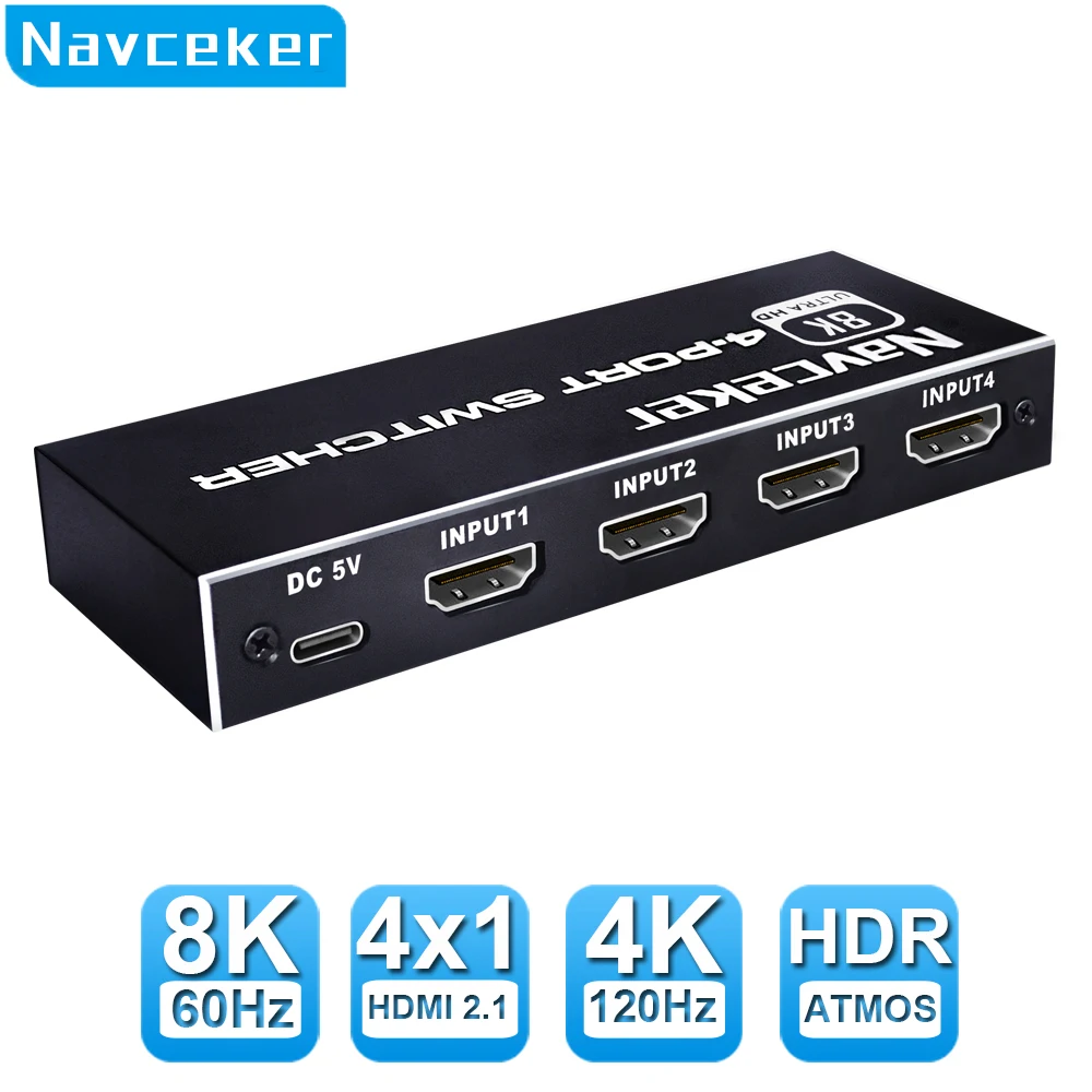 Navceker 8K HDMI 2.1 przełącznik wyboru 4K 120Hz HD przełącznik rozdzielacz HDMI 4 w 1 wyjście 3 w 1 wyjście na laptopa przełącznik PC TV, pudełko