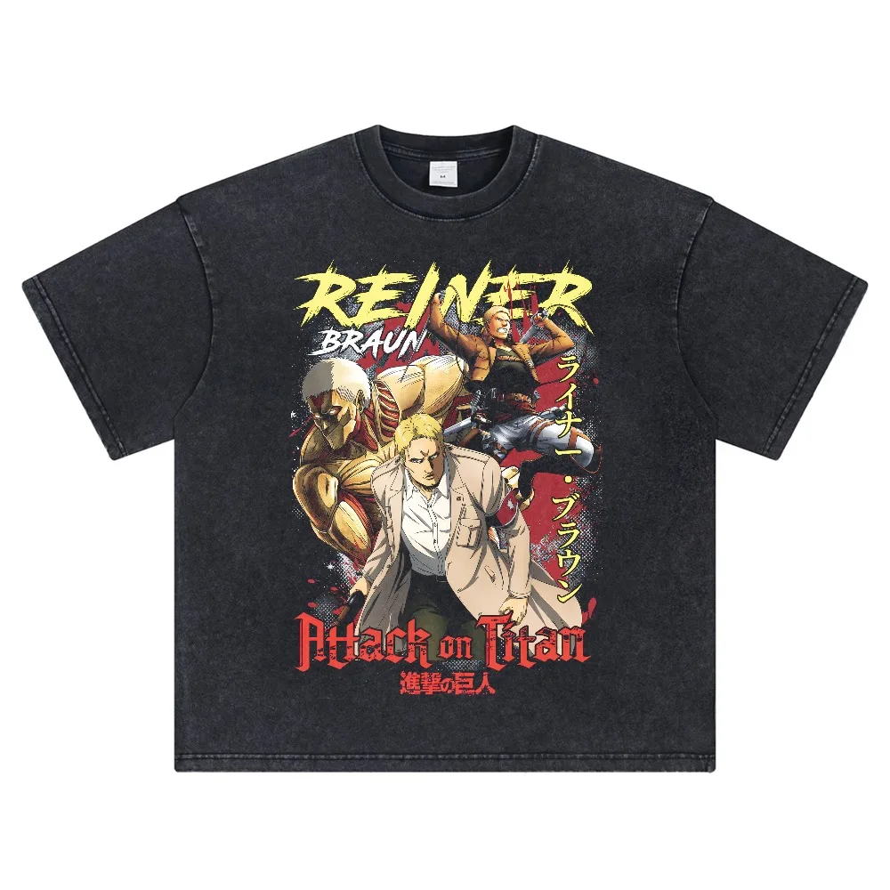 Angriff auf Titan Anime Herren T-Shirts Vintage gewaschene Kurzarm-T-Shirts Sommer Damen Vintage übergroße Kleidung Street Tops
