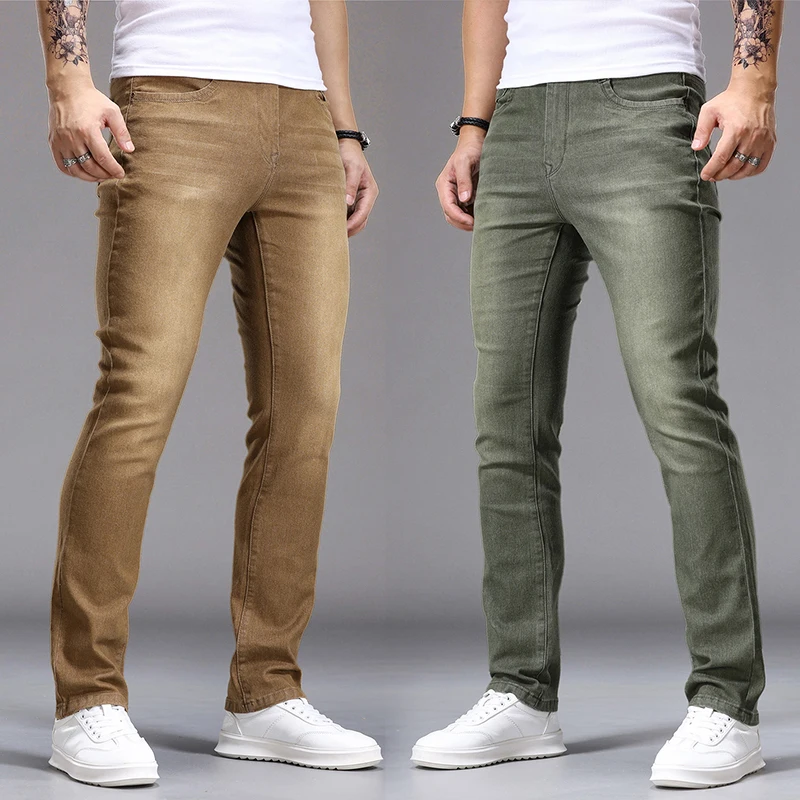 

Осенние эластичные узкие джинсы, мужские модные удобные мягкие повседневные джинсовые брюки, корейские брюки Y2K, уличная одежда, хаки, армейский зеленый цвет, белый