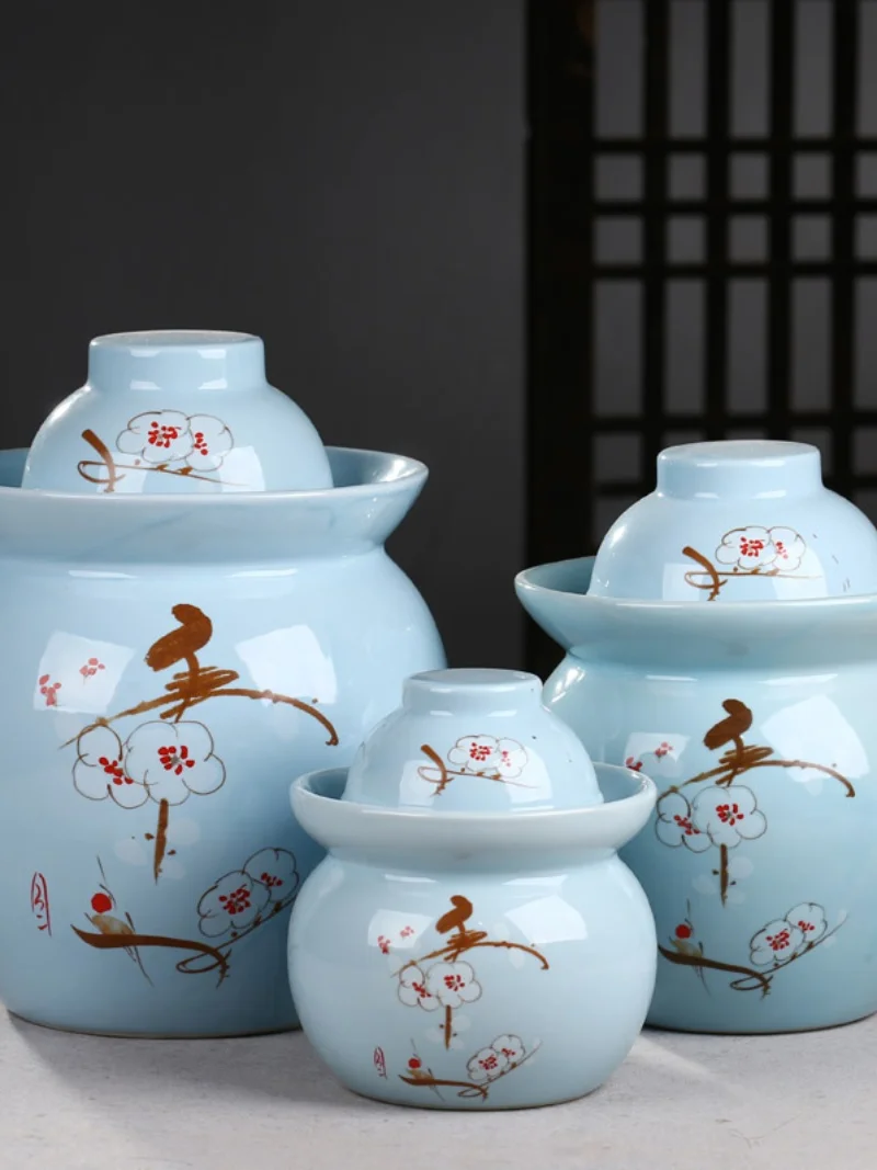Jingdezhen Ceramic Kimchi Jar Double Cover Pickle Crock Sealed Container Salted Egg Jar Wine Making Fermenting Pot Meat Curing