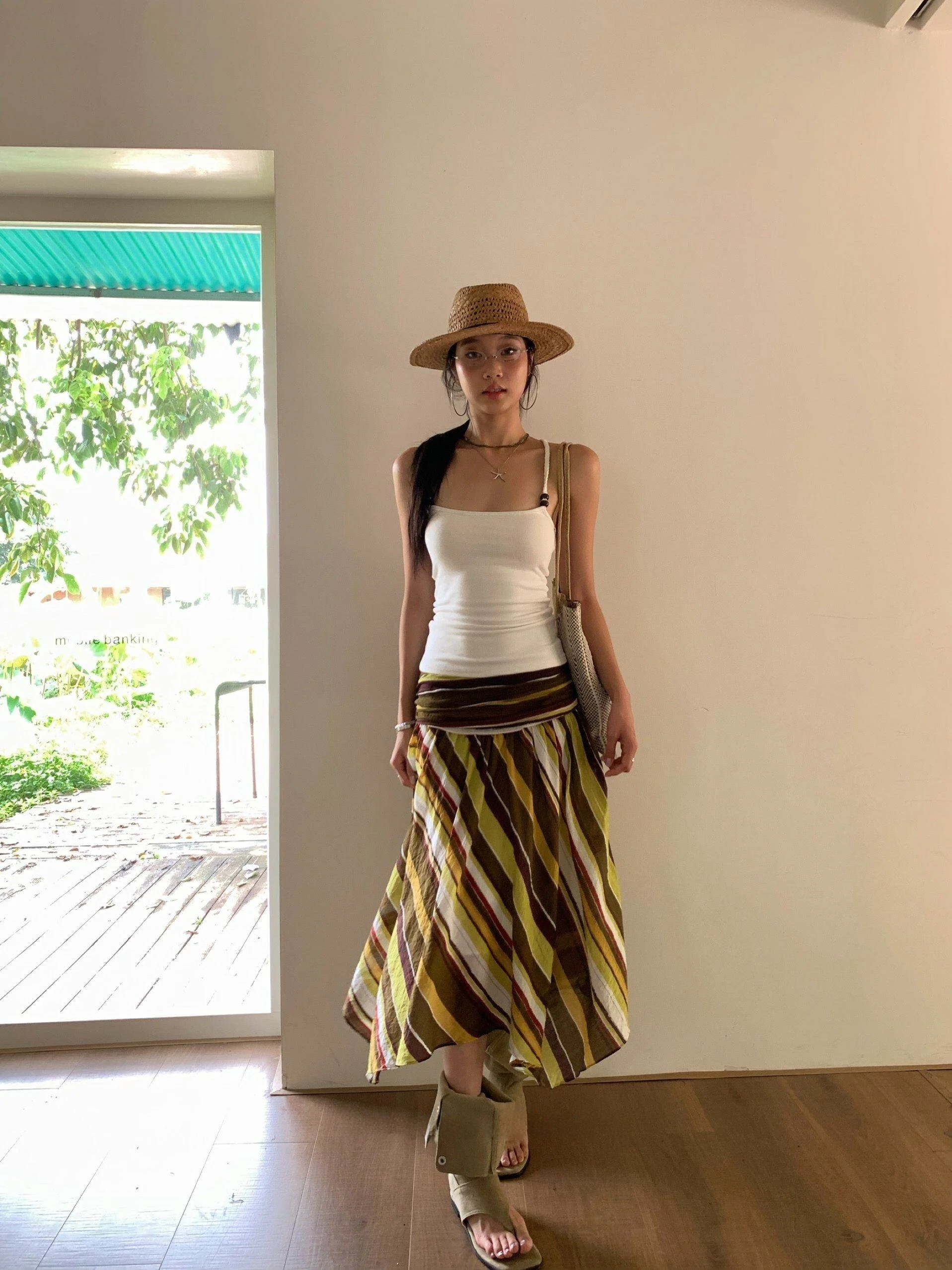 

Fortunee Summer Asymmetrical Design Thin Stripe Splicing A-Line Skirt Women's Casual Low Waist Polyester Skirt