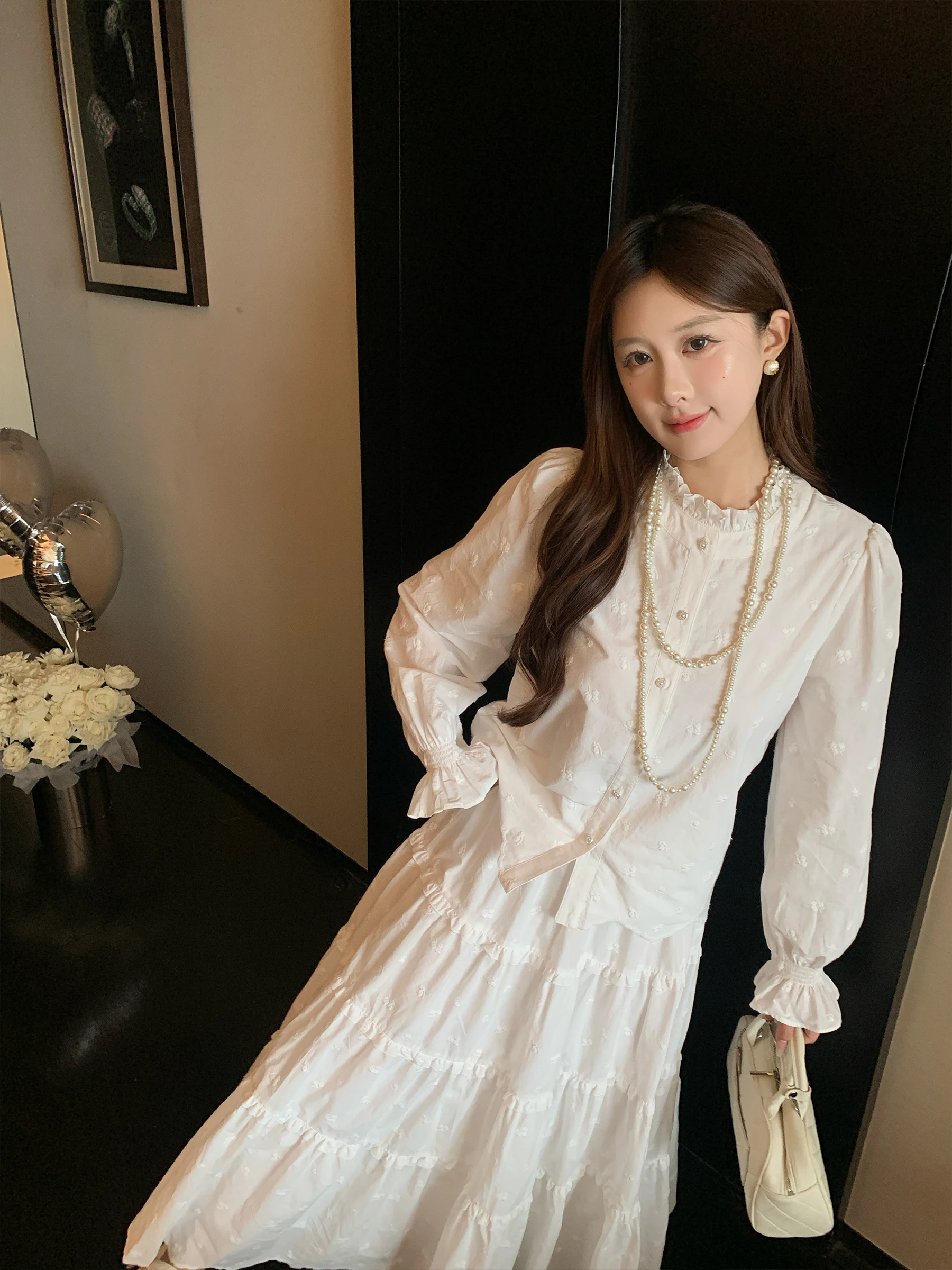 

French Sle Cotton Long Sve Embroidered Stand Collar Women's irt Floral Print Skirt Set Breathable Comfortable Summer E...