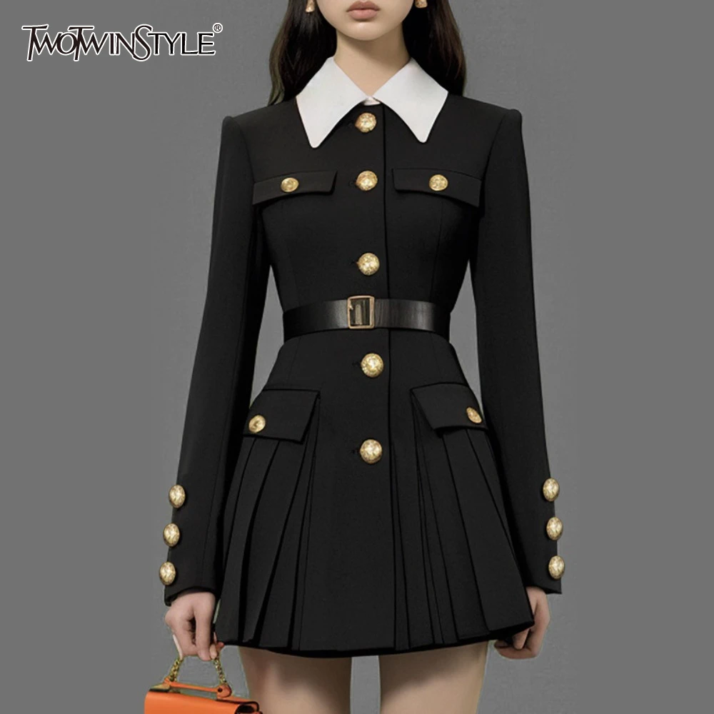 

TWOTWINSTYLE Hit Color Spliced Button Slimming Dresses for Women Lapel Long Sleeve Temperament Mini Dress Female Clothes