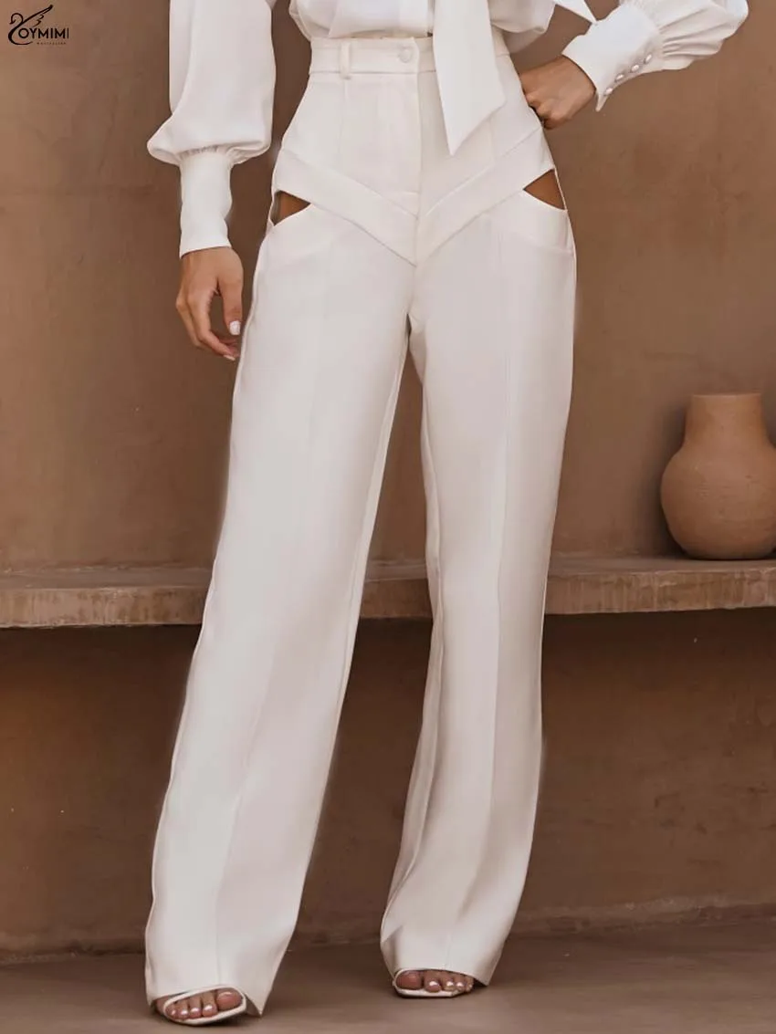 

Oymiim Fashion Beige Button Women's Pants Autumn High Waisted Hollow Out Trousers Casual New Zipper Straight Full Length Pants