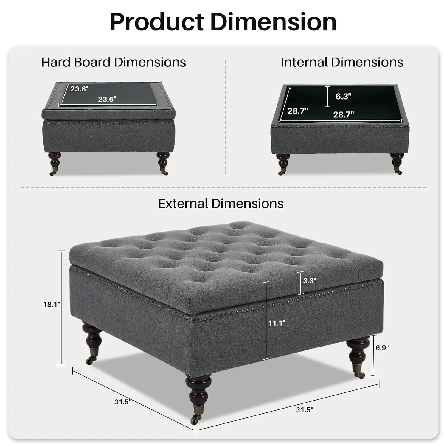 Square Storage Ottoman Coffee Table With Wheels Button Tufted, Customized