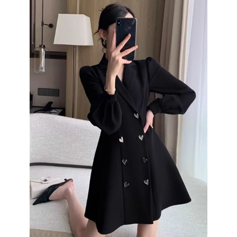 Insozkdg einfarbig adrette Stil schick Knopf lässig weibliche Kleider Herbst neue schwarze zweireihige lose Mode Damen kleid