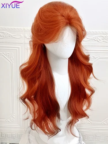 Imagen 2 del producto Pelucas delanteras de encaje sintético para mujer, pelo largo liso, rojo, marrón, cobre, jengibre, ondas naturales, con flequillo, Cosplay, resistente al calor
