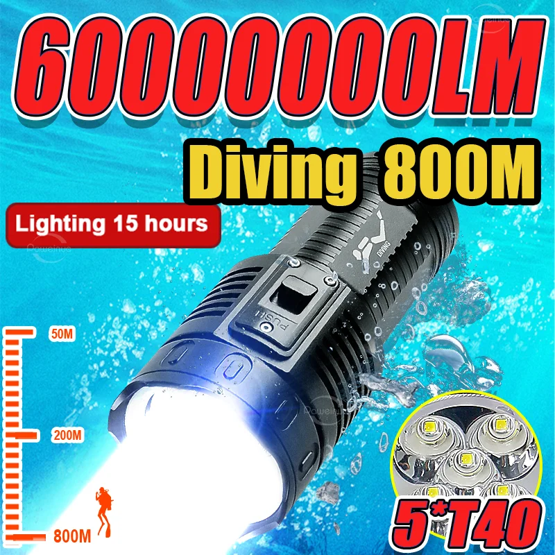 

60000000LM Самый мощный профессиональный дайвинг фонарь 5 * T40 светодиодный дайвинг фонарь супер яркий подводный подводный освещение рыбалка кемпинг фонарь
