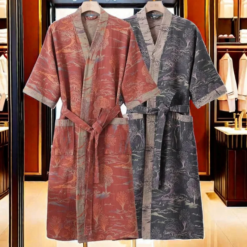 Men's Luxury Cotton Bathrobe with Sash, Long Three Quarter Sleeve Pocket Sleepwear, Pajamas, Large Size Robe, Muslim Fashion