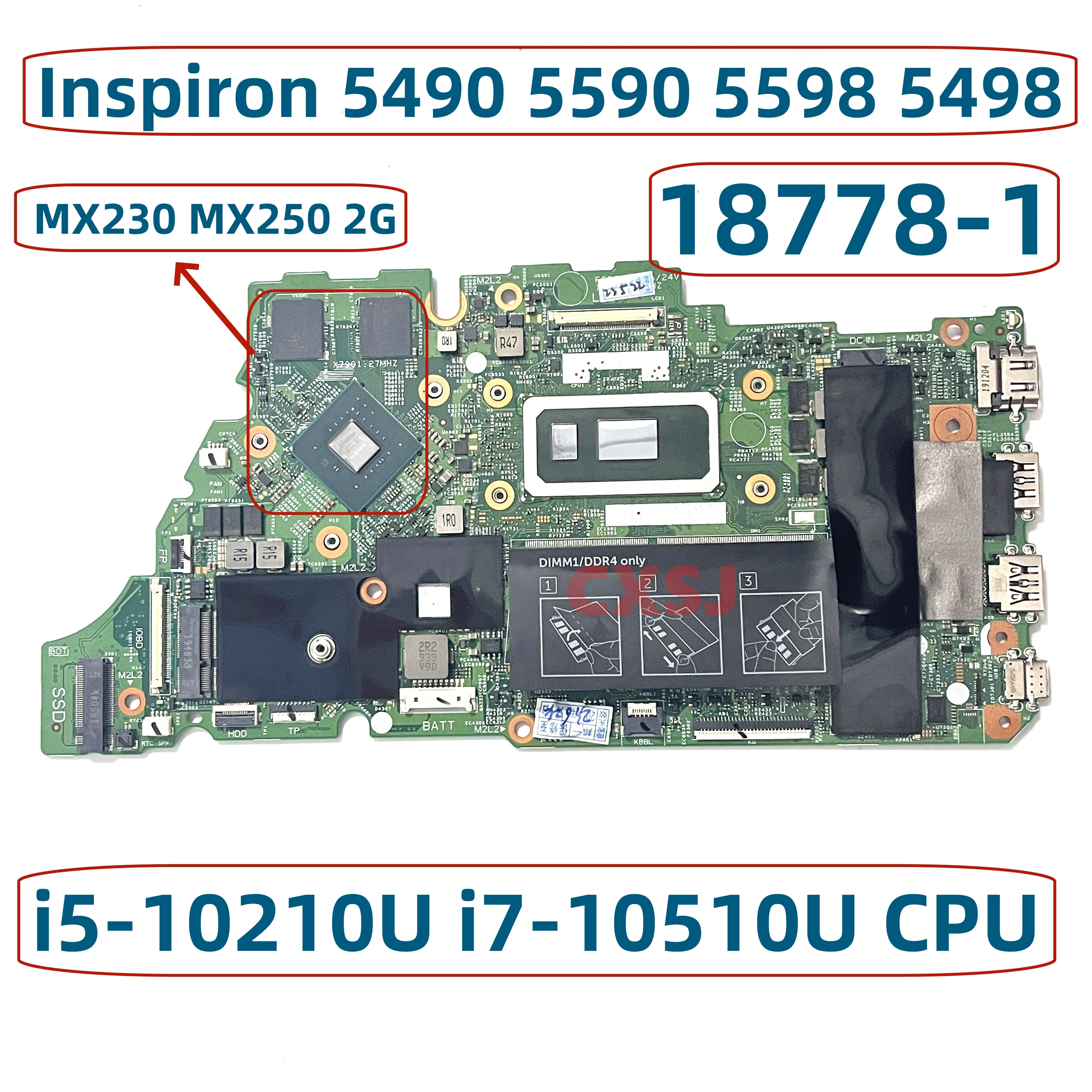 

18778-1 Mainboard For Dell Inspiron 5490 5590 5598 5498 Laptop Motherboard With i5-10210U/i7-10510U CPU UMA/MX230 MX250 2GB GPU