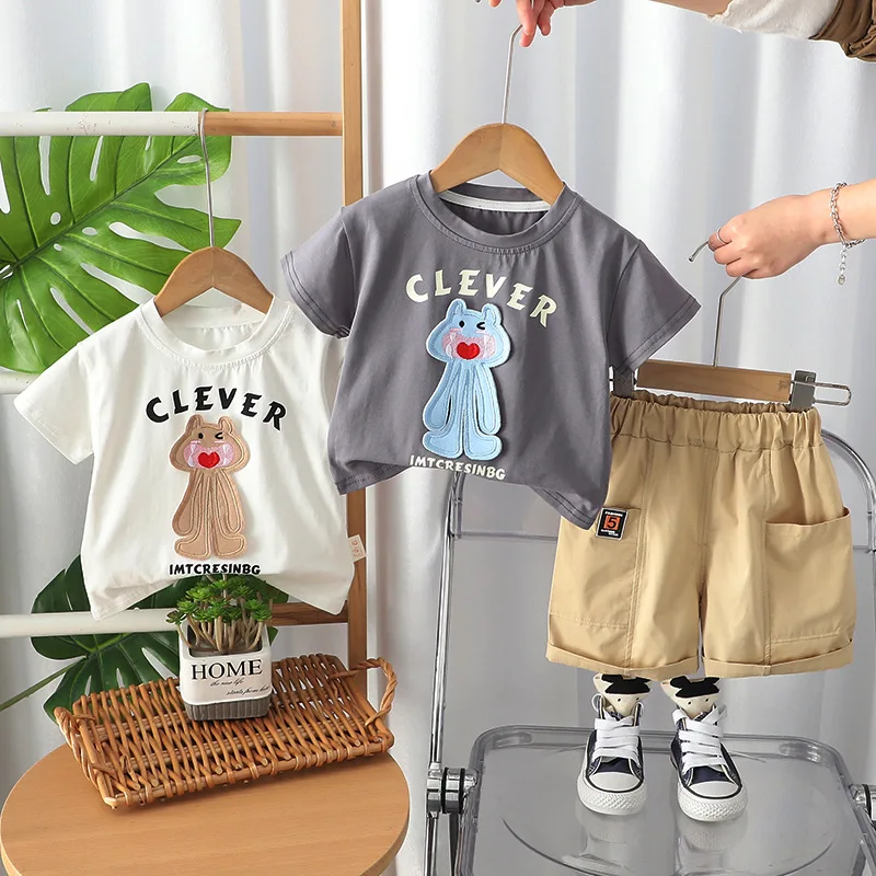 2025 مجموعة الصيف للأطفال لصبي الكورية موضة لطيف الكرتون س الرقبة قصيرة الأكمام تي شيرت والسراويل الاطفال الرضع الأولاد الملابس #5