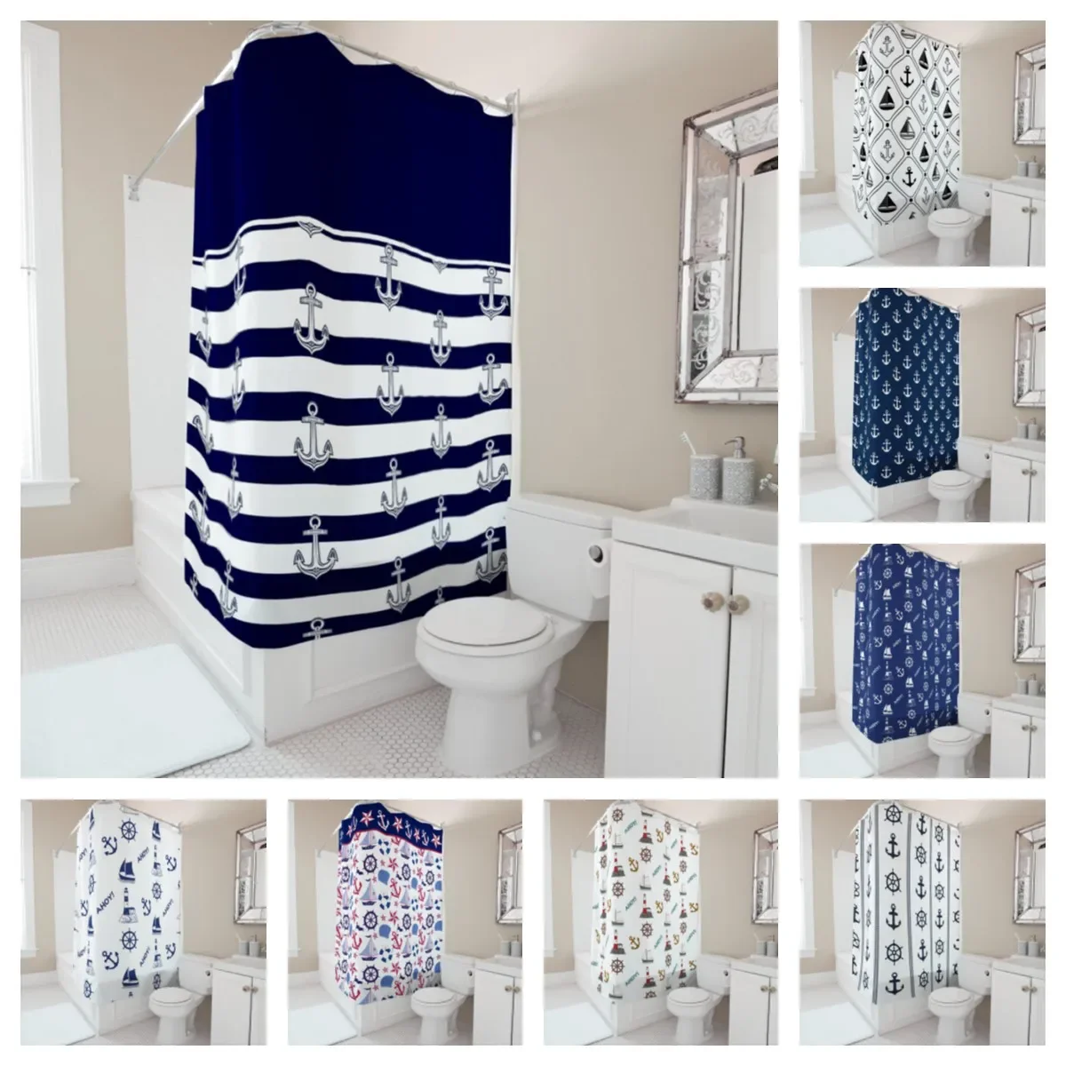 Custom Name Nautical Shower Curtain Anchor Theme Waterproof Fabric Bathroom Decor Marine Style Bath Curtain for Home Hotel