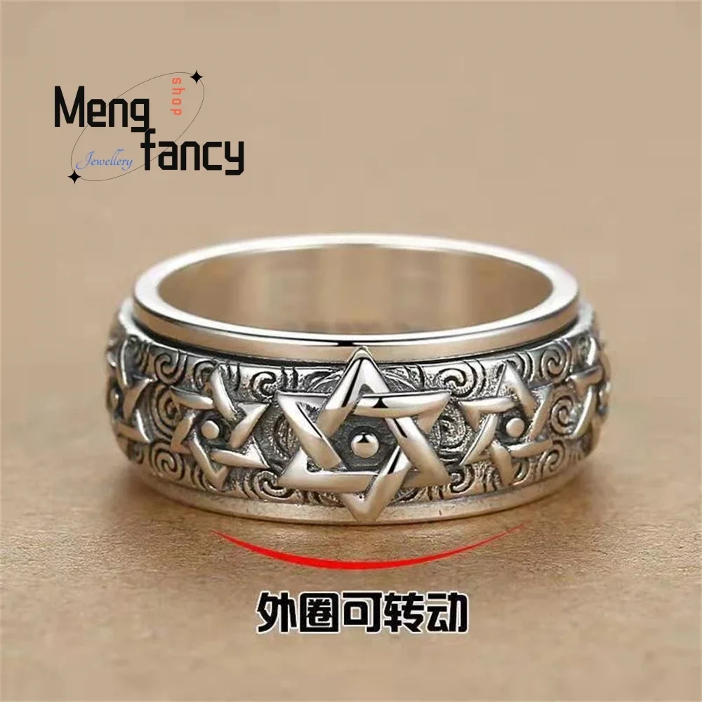 Turnable Ring For Men Pure Retro Overbearing Six Star Wide Version Of Thai Index Finger Closed ring Luxury Quality Fine Jewelry