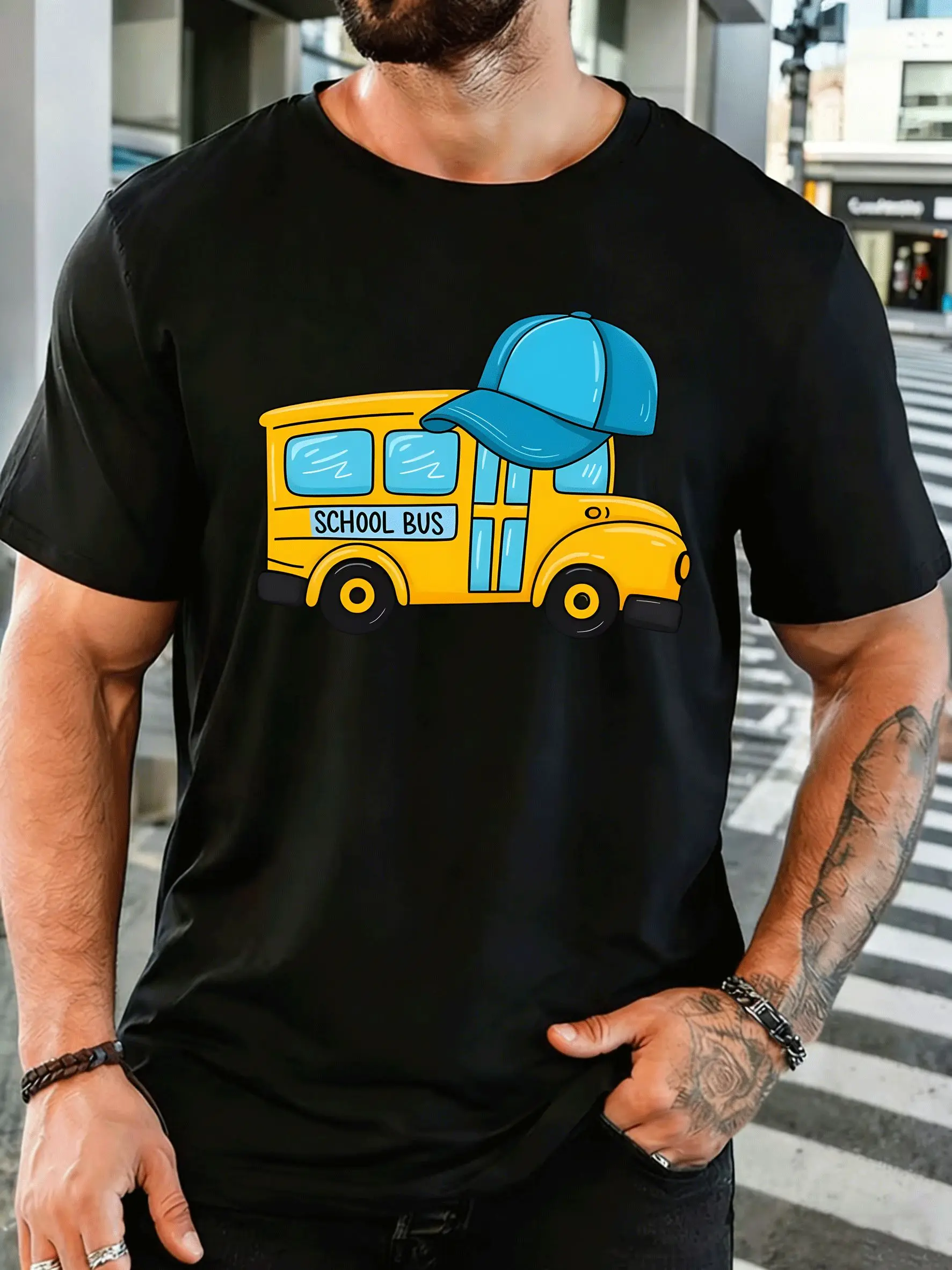Men Short Sleeve T Shirt School Bus Graphic Tee Cartoon Vehicle Print Tops Summer Soft Cotton Casual Street Wear For Adult Male