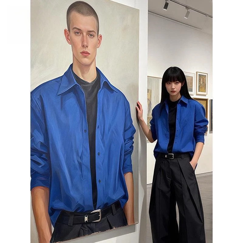 

Klein Blue Long Sleeve Men's Shirt 2026 Spring Autumn New Style Casual Handsome Outerwear Loose Fit Button up Pure Color