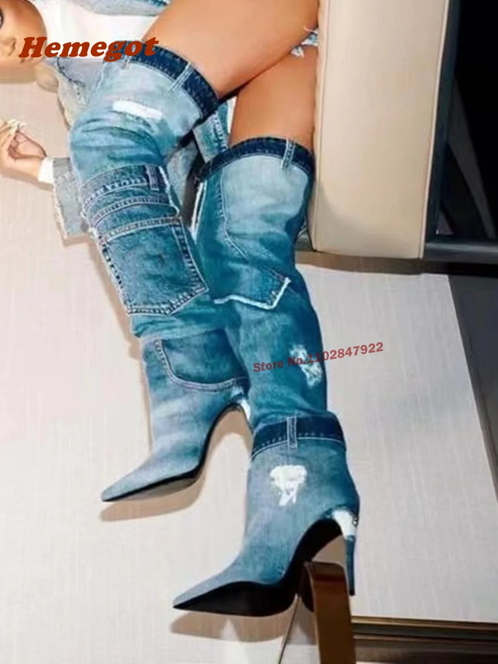 Pocket Denim Long Boots Pointed Toe Thin High Heels Over The Knee Women\'s Boots Elegant Fringe Zipper Decor Newest Winter Shoes