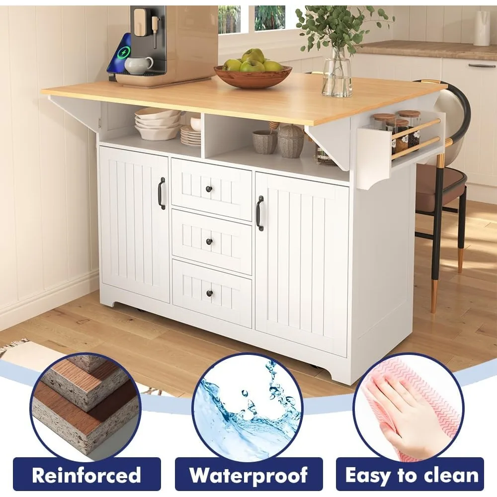جزيرة مطبخ متنقلة بأوراق قطرة مزدوجة ومخرج طاقة ومنشفة ورفوف توابل