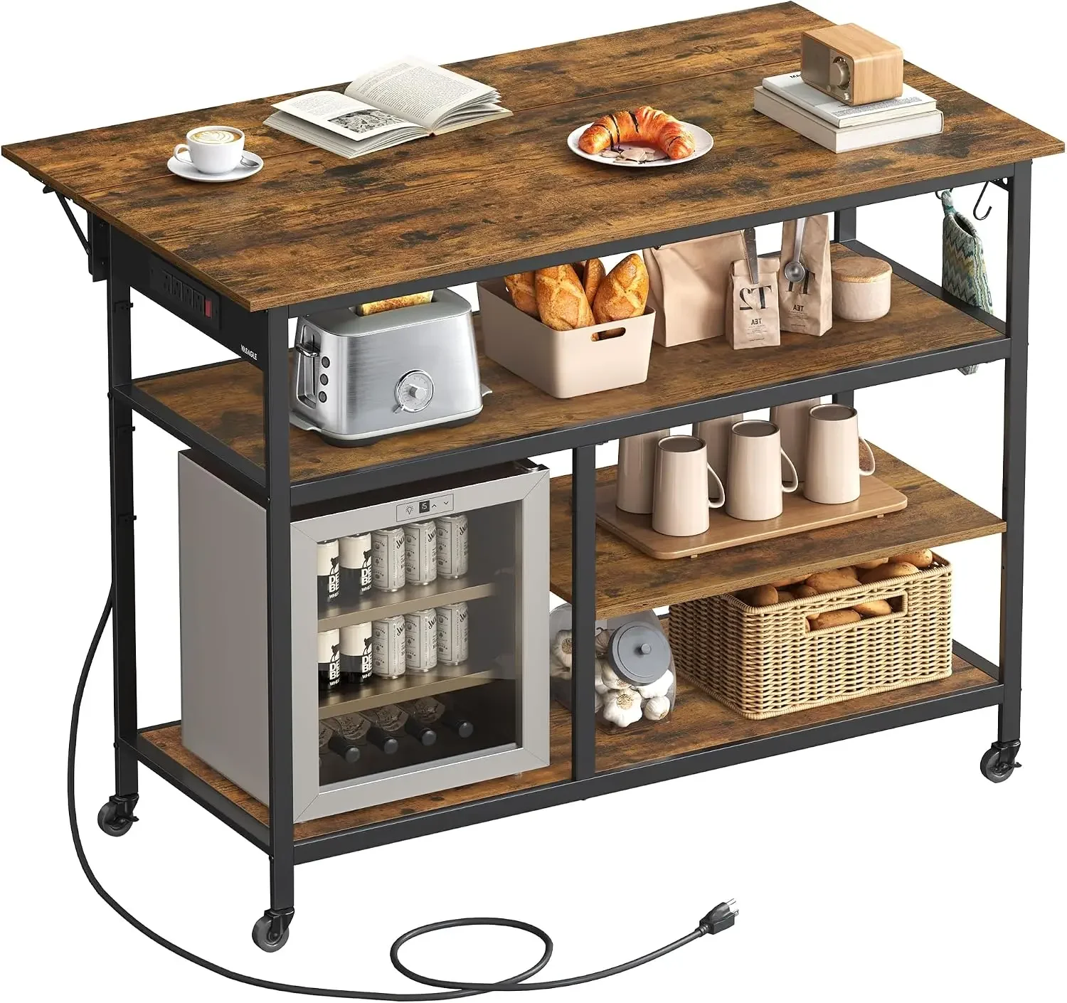 Mobile Kitchen Cart with Built-in Power Strip & Pegboard, 47.2
