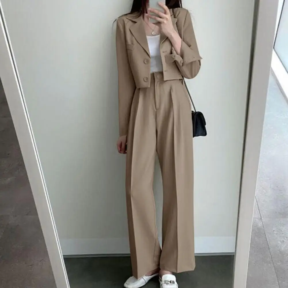 Spring Autumn Suit Set Business Casual Outfits Women Cropped Blazer Jackets Wide Leg Pants Suit Set Fall 2 Piece Work Office Set