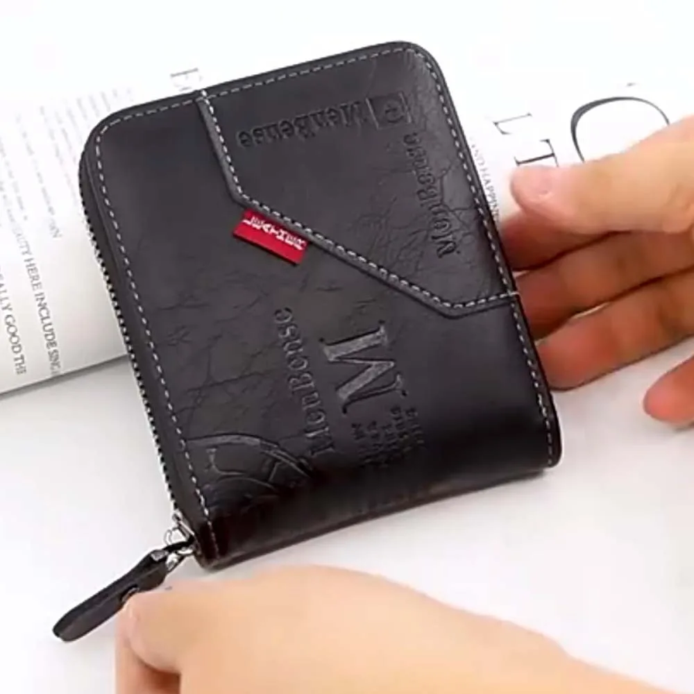 

Portable PU Leather Short Zipper Wallet Button Multi-card Men's Coin Purse Zipper Retro Tri-fold Wallet Travel