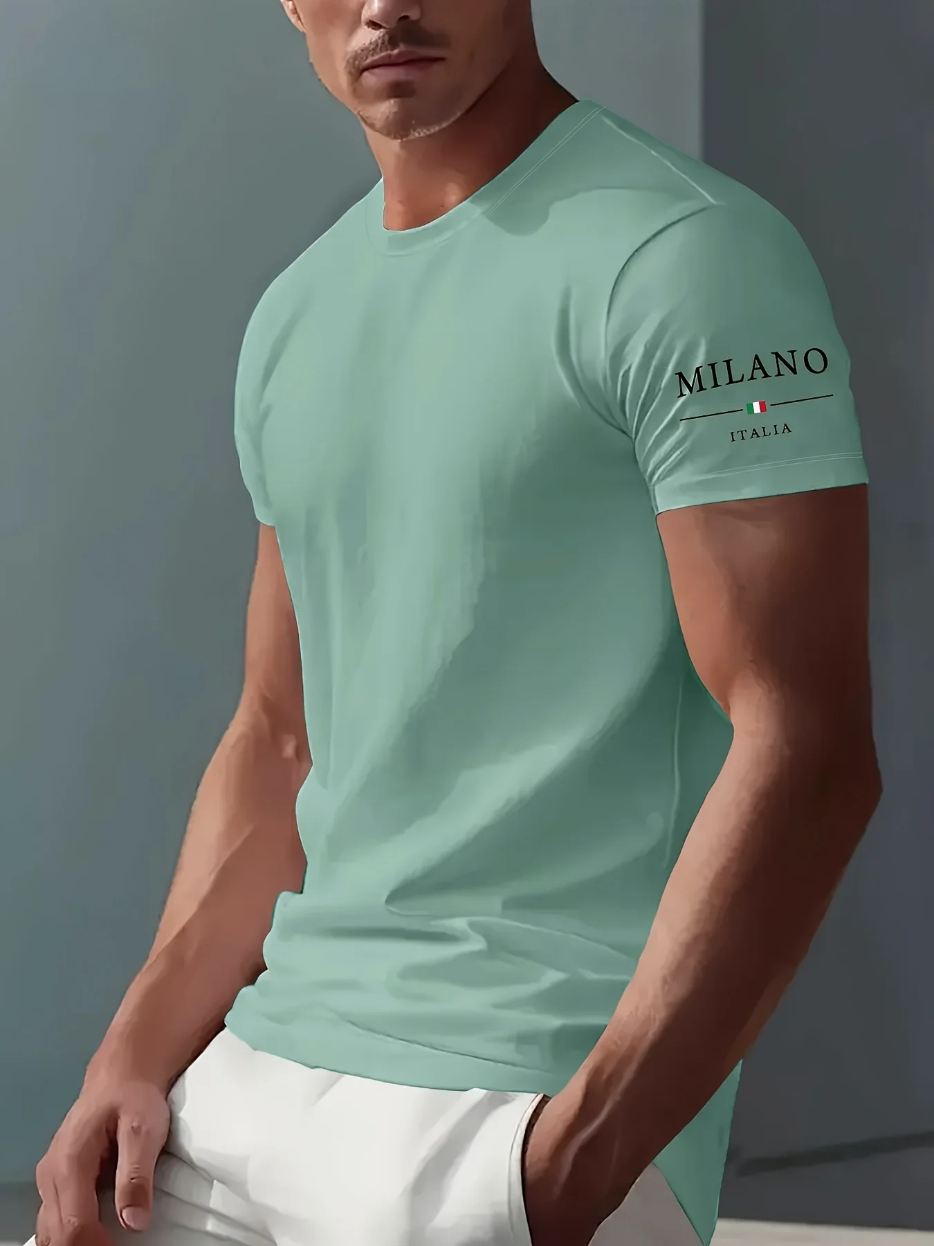 100% Pure Cotton Men's Summer Casual Sports Fashionable Loose MILANO ITALIA Pattern Printed Round Neck Short Sleeved T-Shirt Top