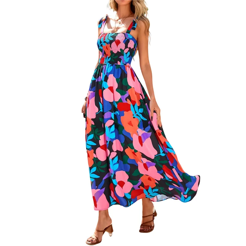 A83F-Vestito lungo estivo da donna senza maniche smock Boho con cinturino per spaghetti A Line Flowy Beach Long Sundress