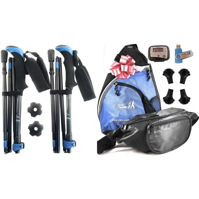 

York Nordic 5 Piece Travel Walking Pole Gift Set - Folding Travel Poles, Training Videos, Water Bottle, Pedometer, Travel Bag