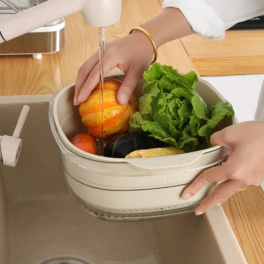 

Double Layer Plastic Colander Bowl For Fruit Vegetable Washing Draining Soaking Storage Mesh Strainer Basket Kitchen Bar