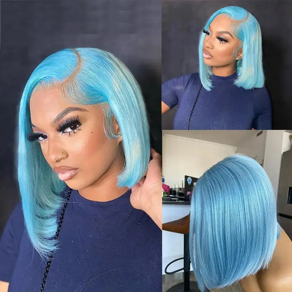 

﻿﻿Lake Blue 13x4 Lace Front Wigs Human Hair Wigs 100% Human Hair Quality 180% Density Colored HD TransparentLace Frontal Wigs