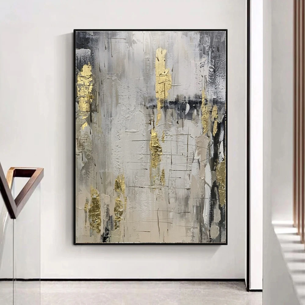 

Hand-Painted Oil Painting, Light Luxury Living Room Decoration, Black and White, Gray, Gold Foil Painting, Abstract Wall Art