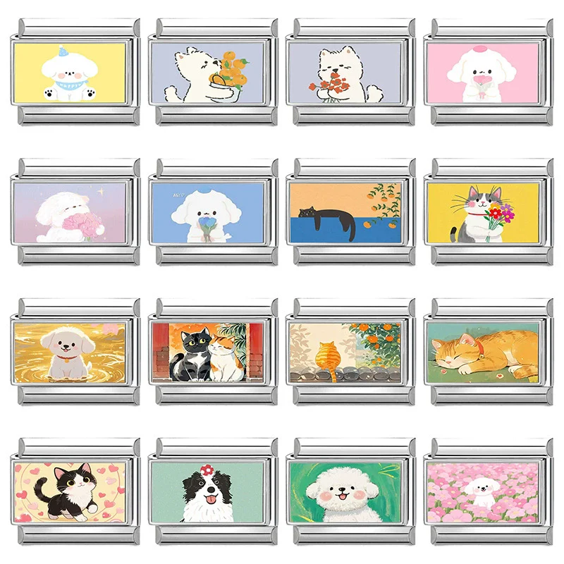 2025 novo design colorido bonito dos desenhos animados gatos cães italiano charme links caber 9mm pulseira de aço inoxidável diy fazendo jóias presentes