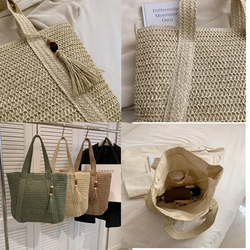 2023 Straw Braided Bag Hand-woven Simple Handbag Holiday Beach Shoulder Bag Casual Trend Women Large Capacity Tote Shopping Bags